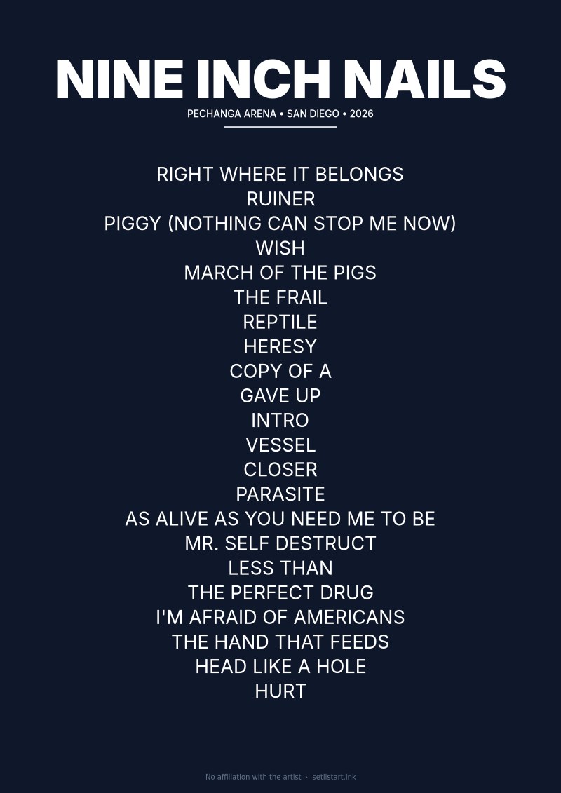 Nine Inch Nails San Diego 2026 setlist poster preview