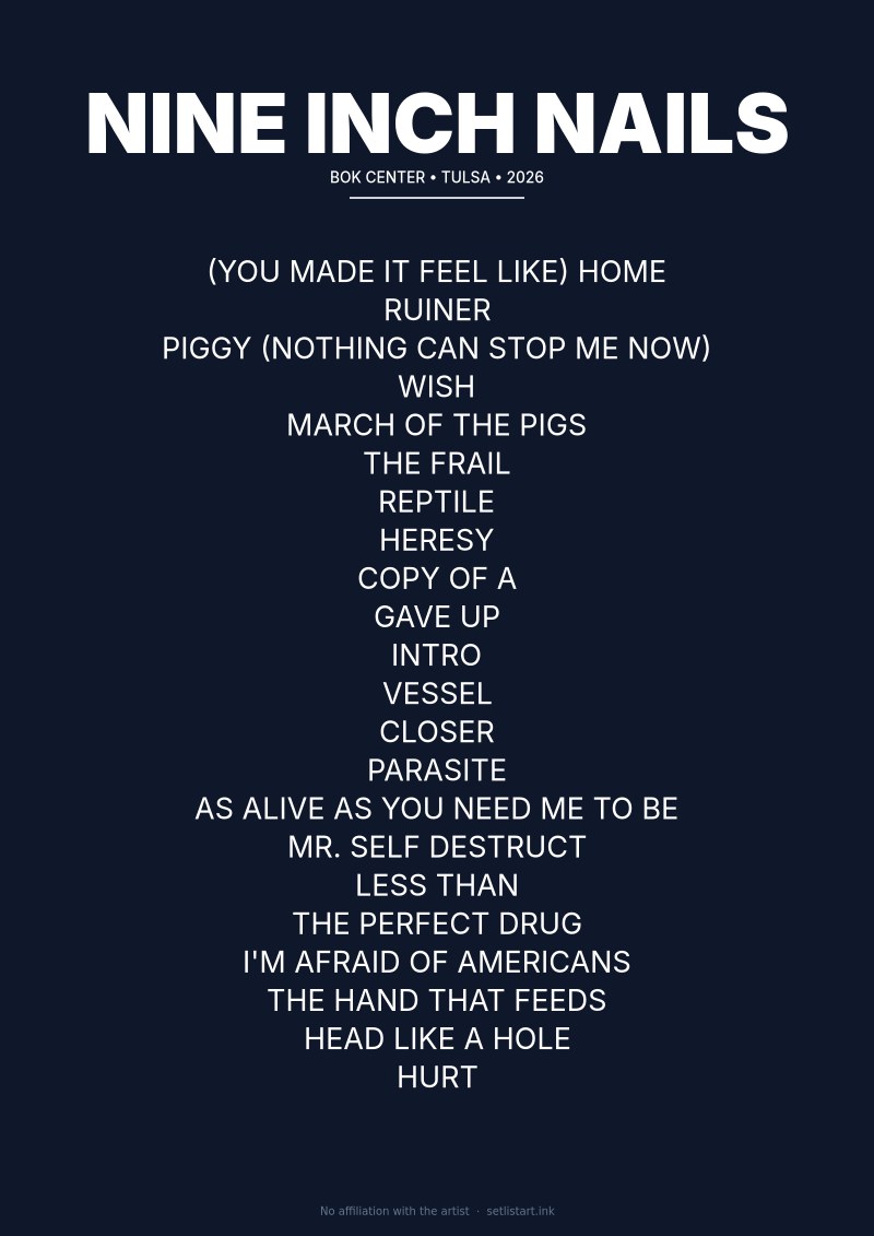 Nine Inch Nails Tulsa 2026 setlist poster preview