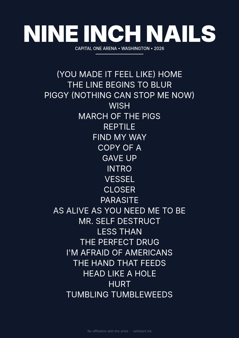 Nine Inch Nails Washington 2026 setlist poster preview
