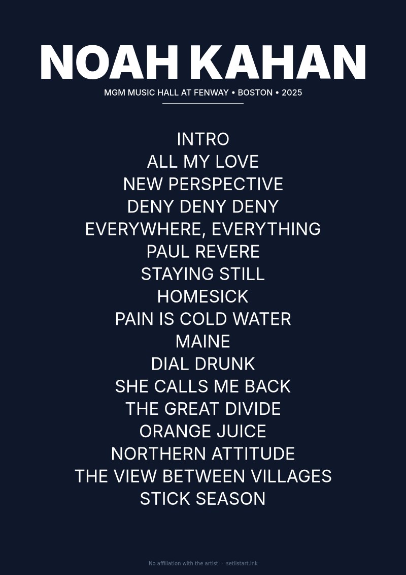 Noah Kahan Boston 2025 setlist poster preview