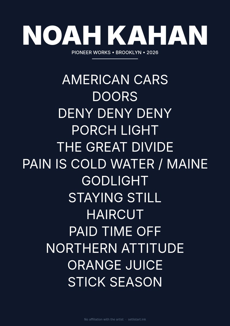 Noah Kahan Brooklyn 2026 setlist poster preview