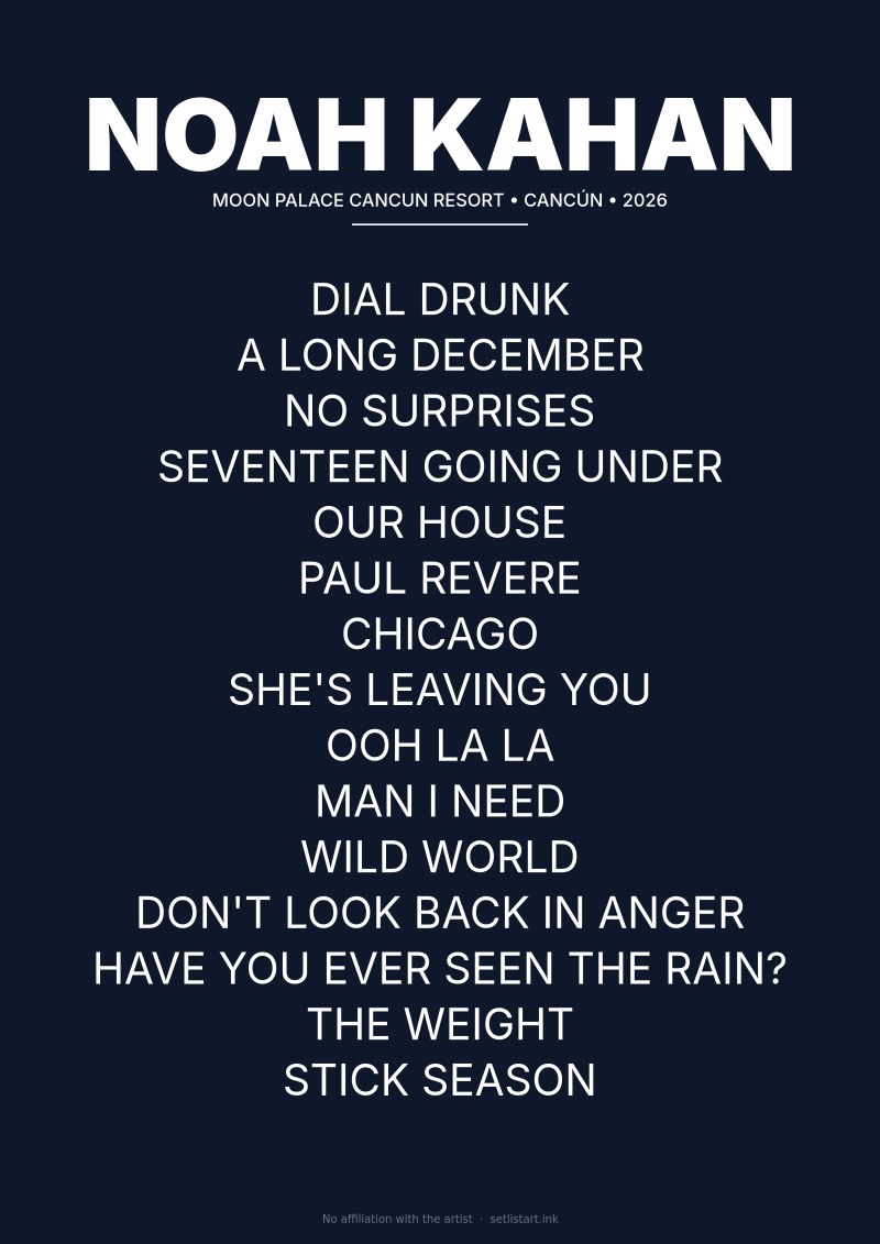 Noah Kahan Cancún 2026 setlist poster preview