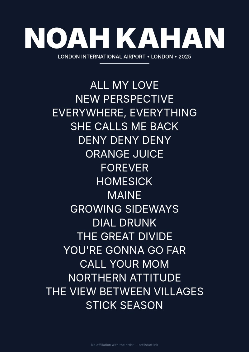 Noah Kahan London 2025 setlist poster preview
