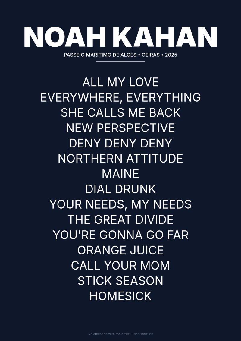 Noah Kahan Oeiras 2025 setlist poster preview