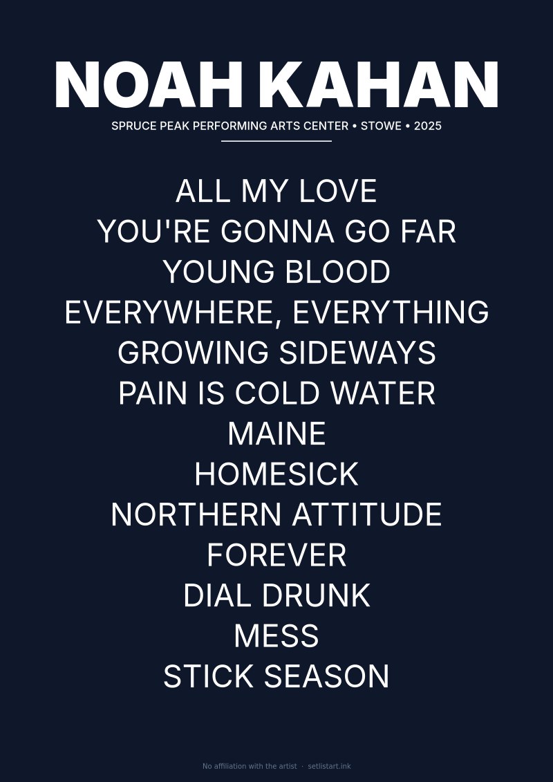 Noah Kahan Stowe 2025 setlist poster preview