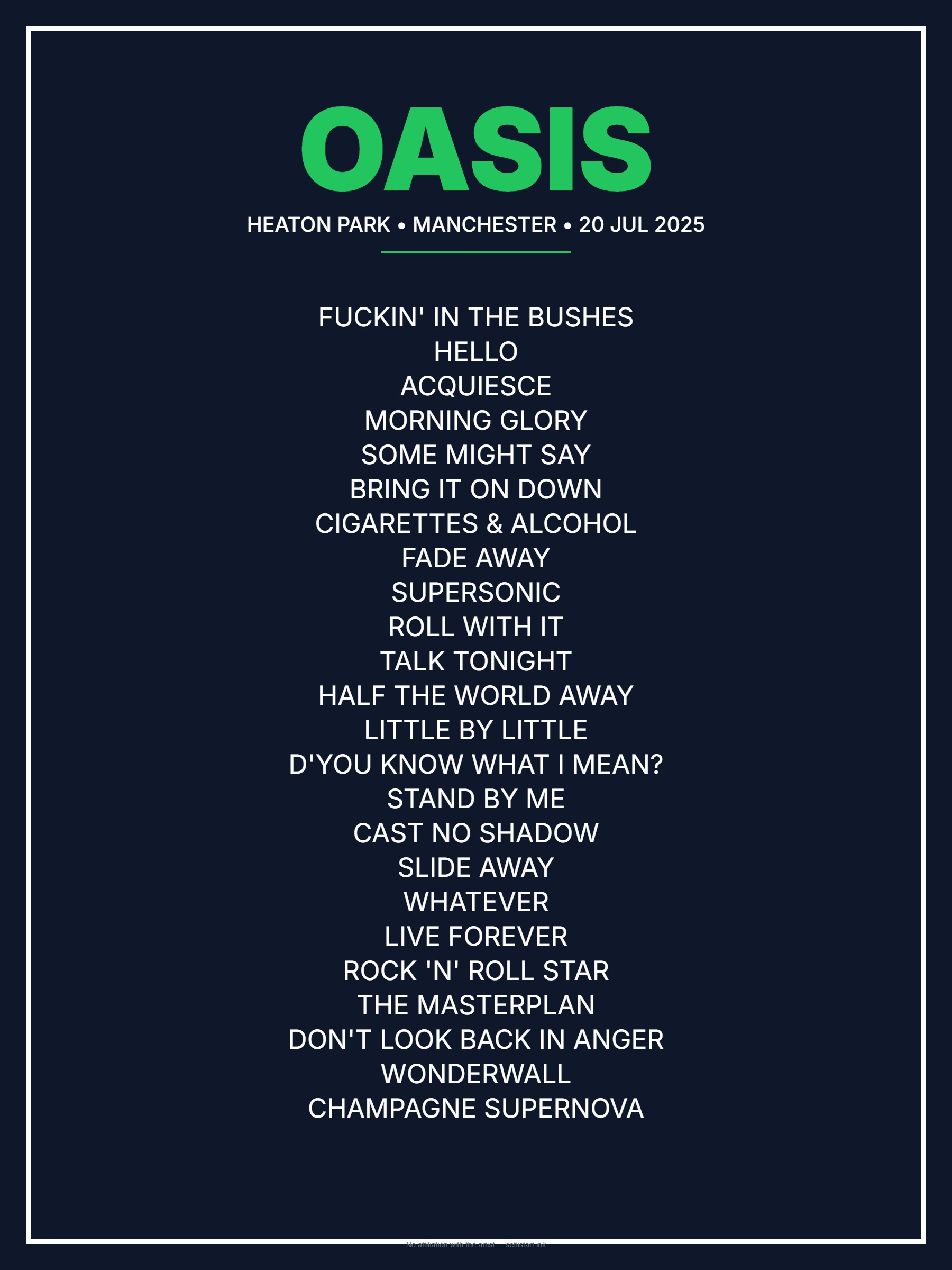Oasis Heaton Park 2025 setlist poster preview