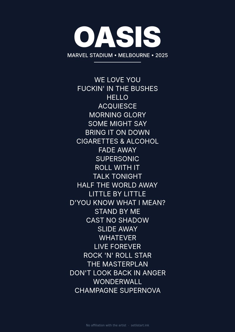 Oasis Melbourne 2025 setlist poster preview