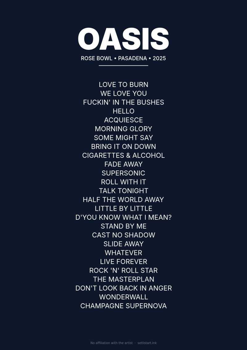 Oasis Pasadena 2025 setlist poster preview