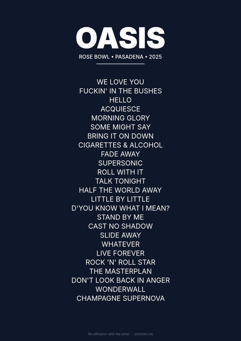 Oasis Pasadena 2025 setlist poster preview