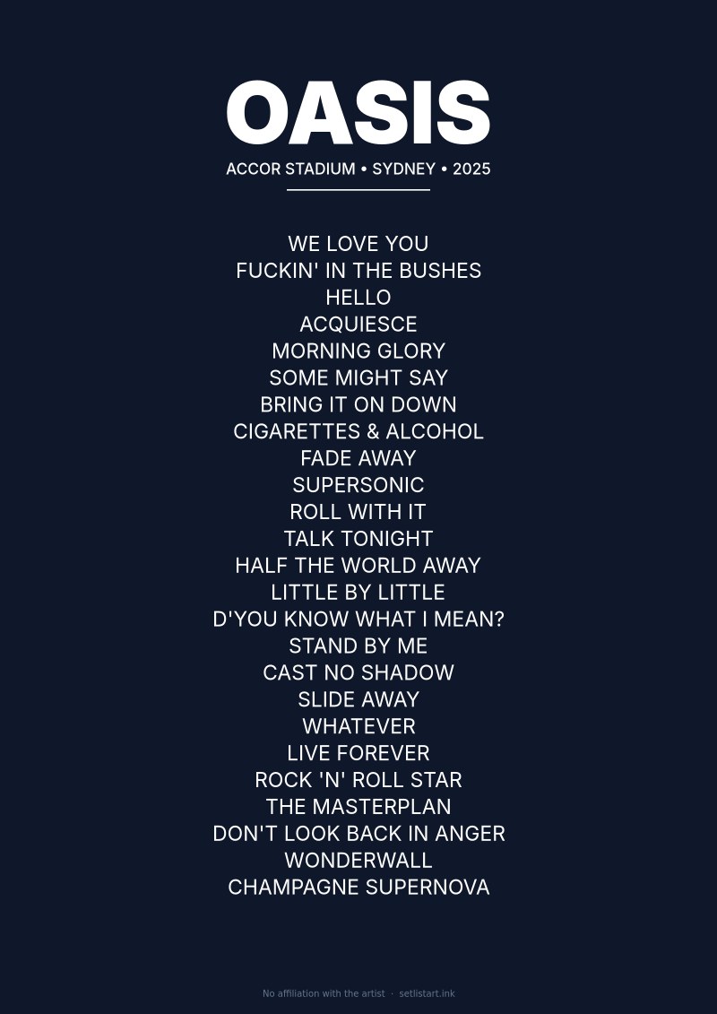 Oasis Sydney 2025 setlist poster preview