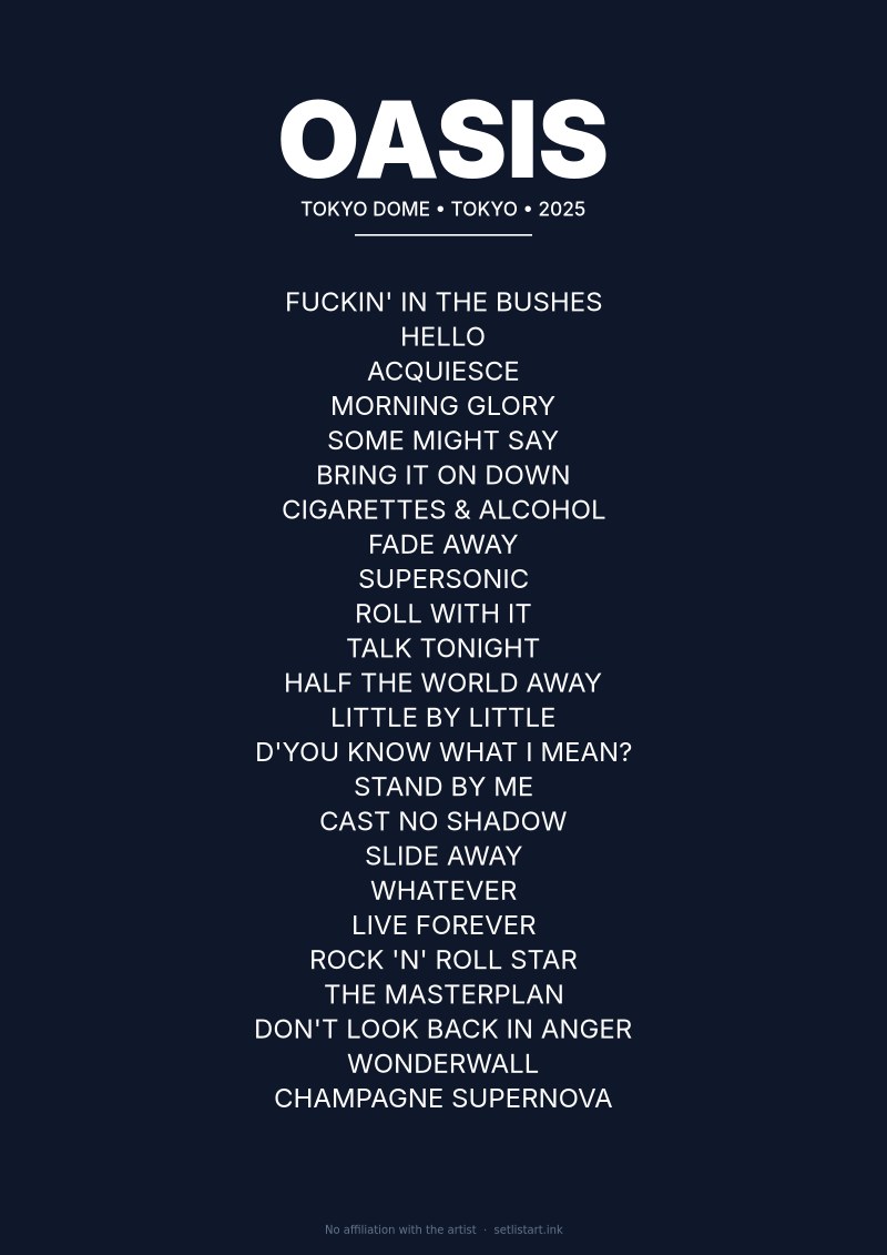 Oasis Tokyo 2025 setlist poster preview