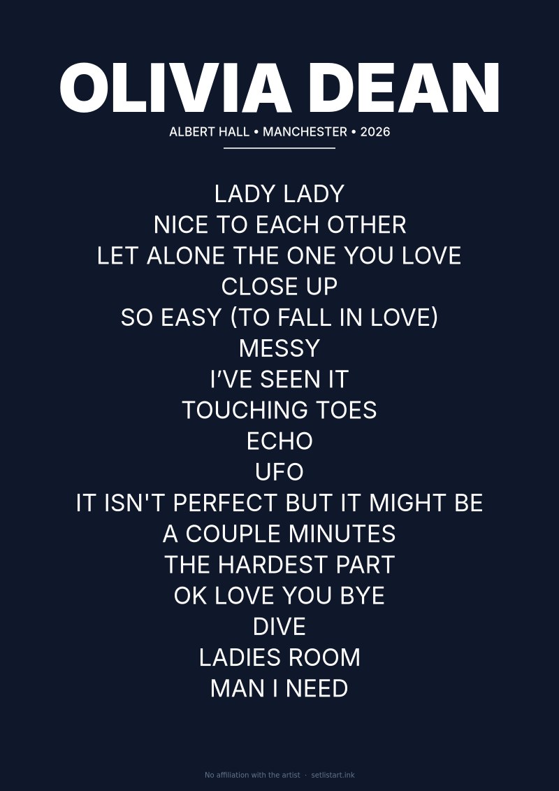 Olivia Dean Manchester 2026 setlist poster preview