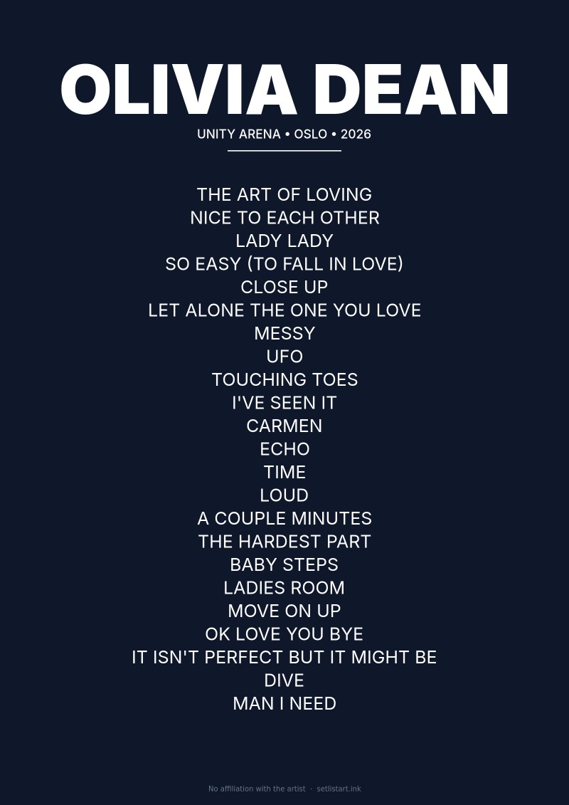Olivia Dean Oslo Unity Arena 2026 setlist poster