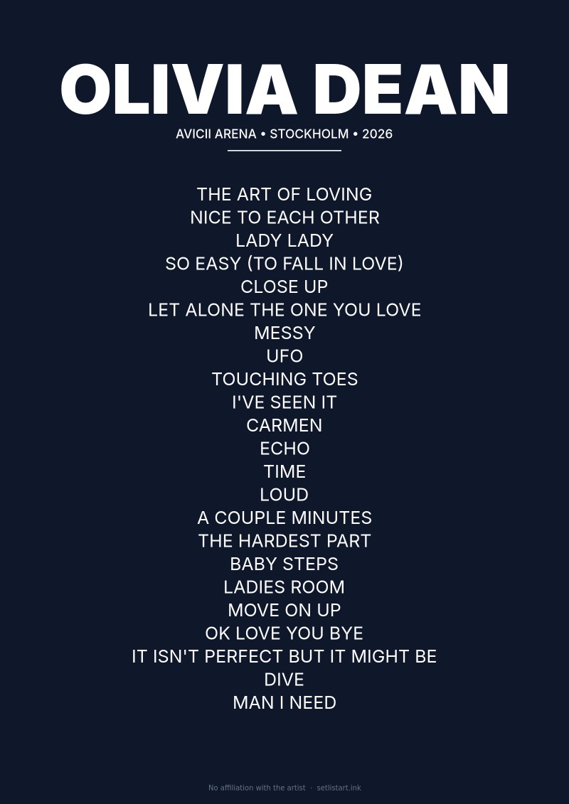 Olivia Dean Stockholm Avicii Arena 2026 setlist poster
