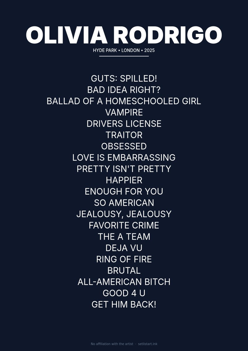 Olivia Rodrigo London 2025 setlist poster preview