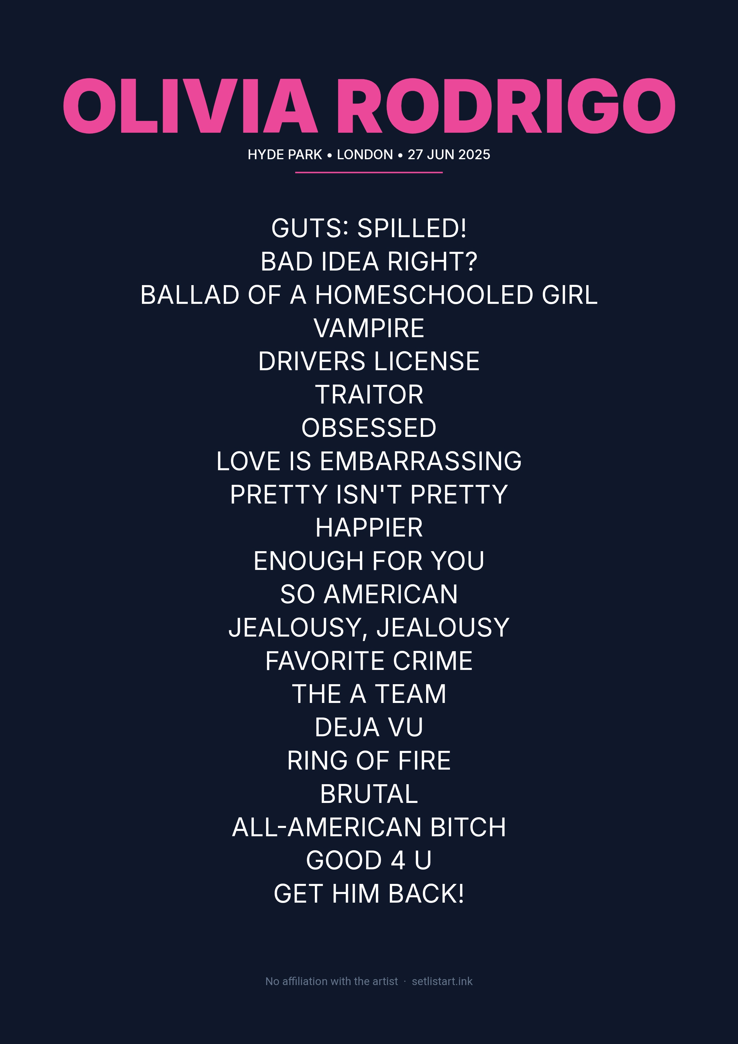 Olivia Rodrigo London 2025 setlist poster preview