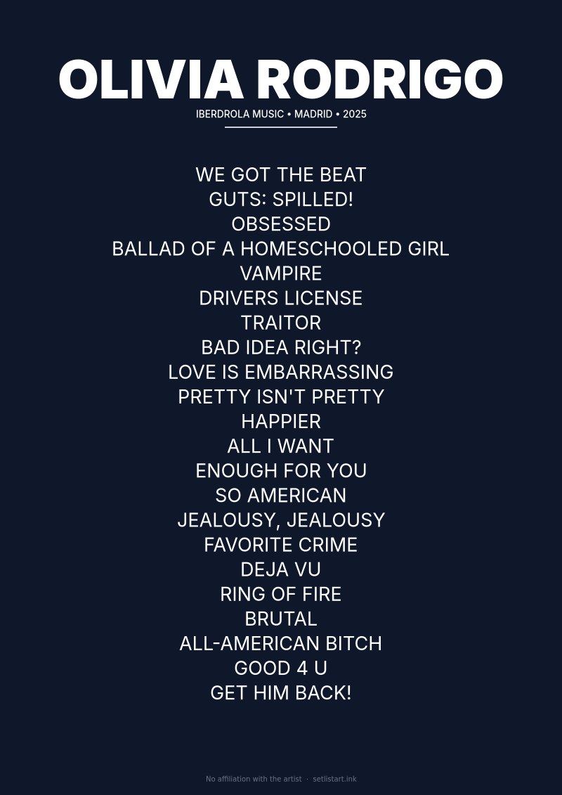 Olivia Rodrigo Madrid 2025 setlist poster preview