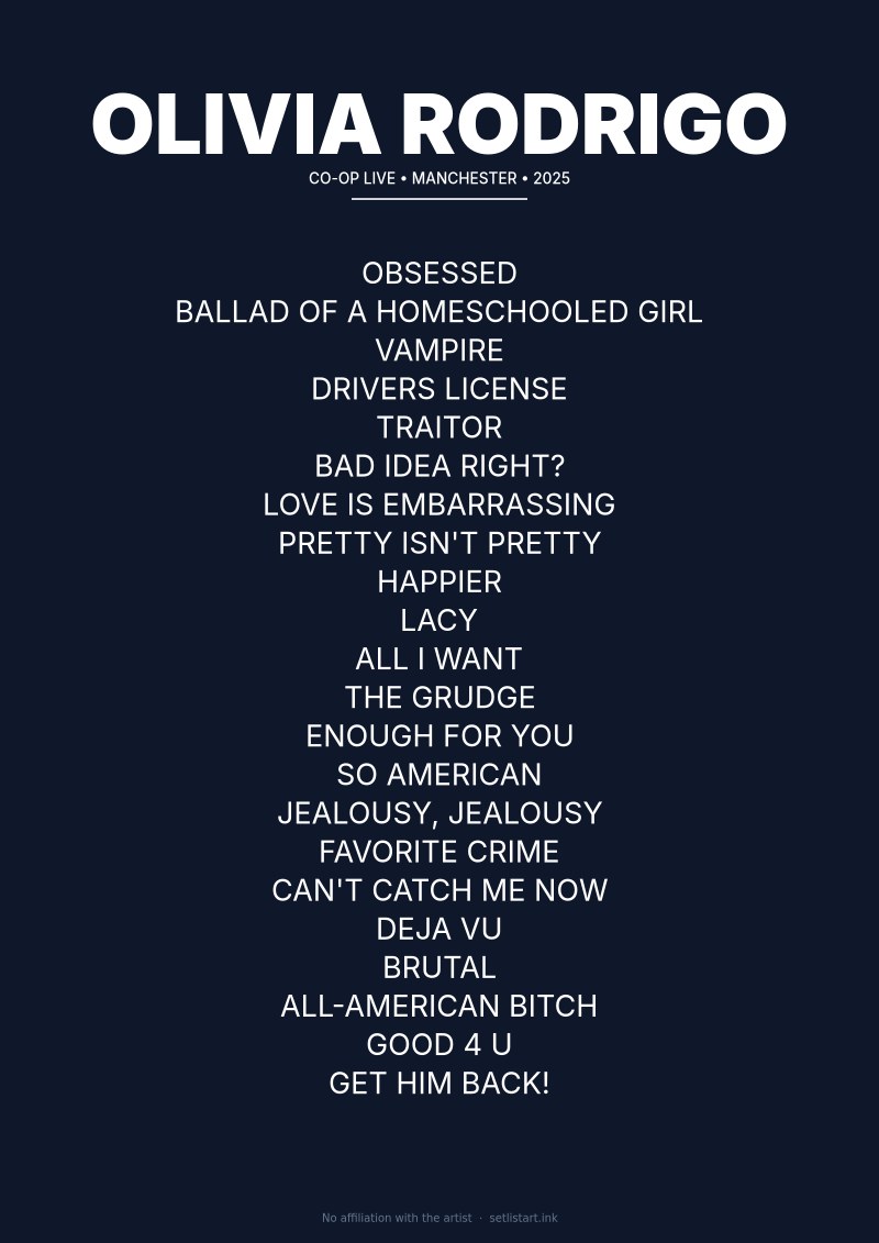 Olivia Rodrigo Manchester 2025 setlist poster preview