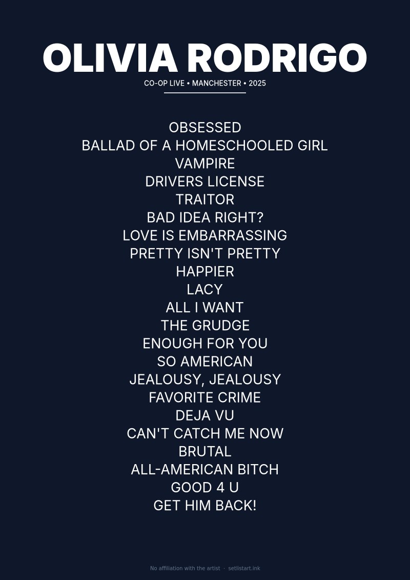 Olivia Rodrigo Manchester 2025 setlist poster preview