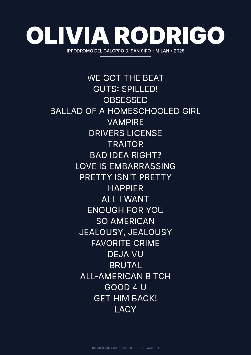 Olivia Rodrigo Milan 2025 setlist poster preview