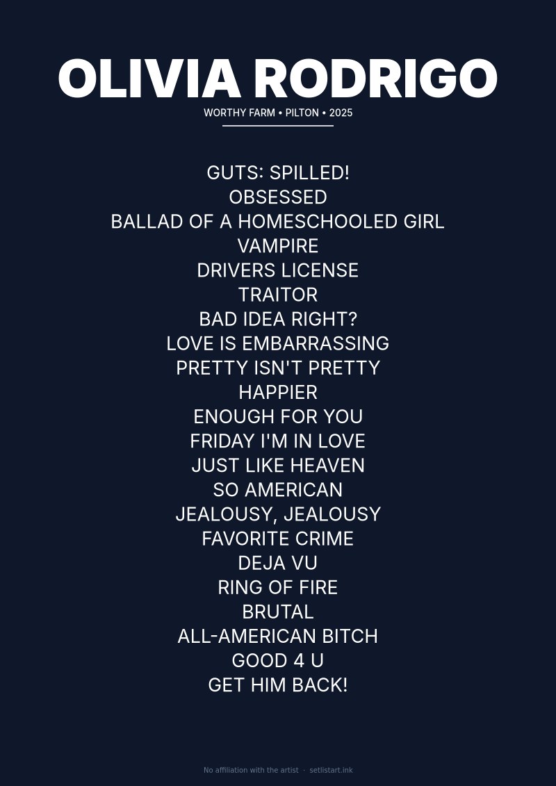 Olivia Rodrigo Pilton 2025 setlist poster preview