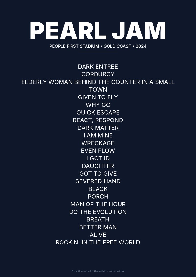 Pearl Jam Gold Coast 2024 setlist poster preview