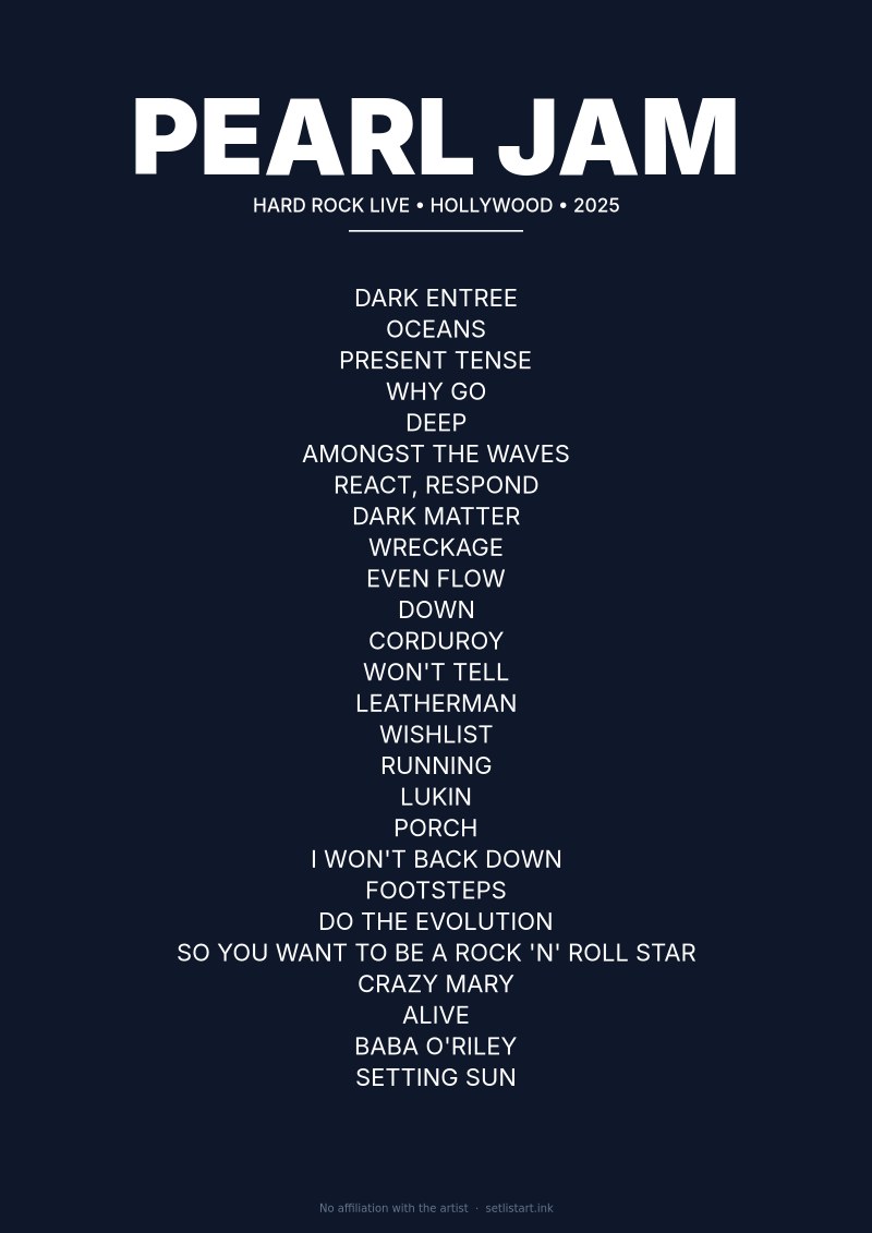 Pearl Jam Hollywood 2025 setlist poster preview