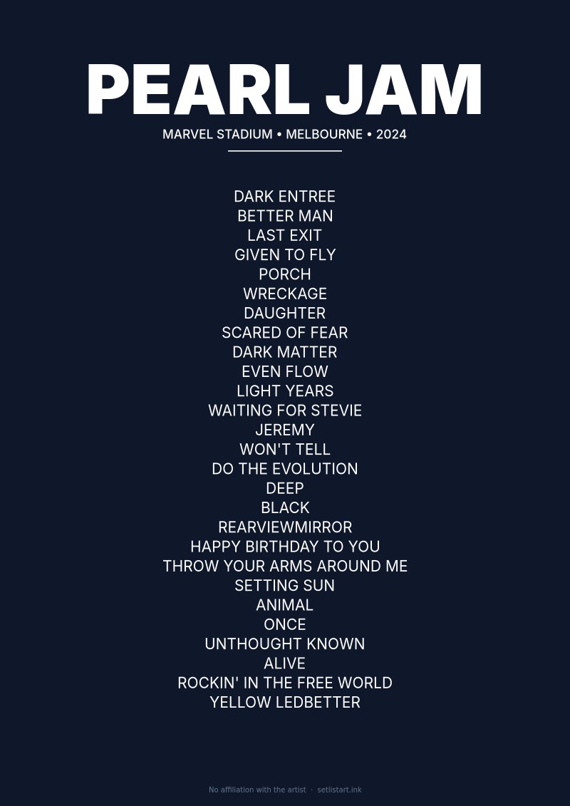 Pearl Jam Melbourne 2024 setlist poster preview