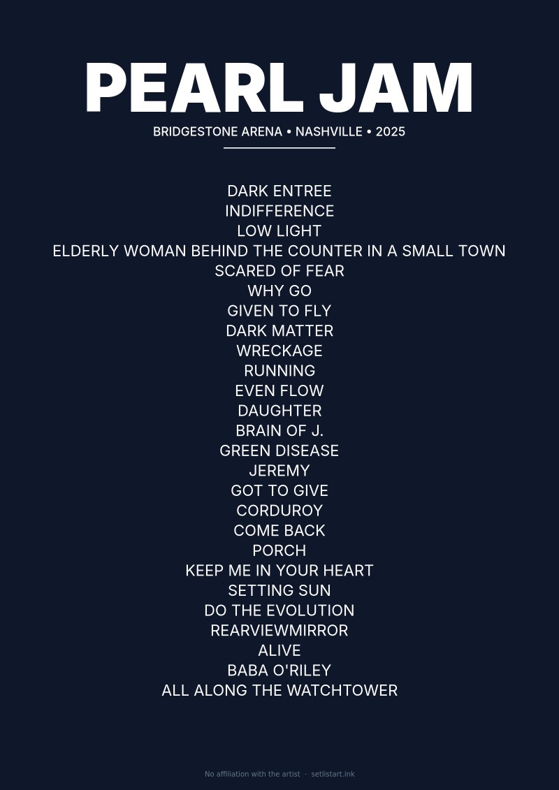Pearl Jam Nashville 2025 setlist poster preview
