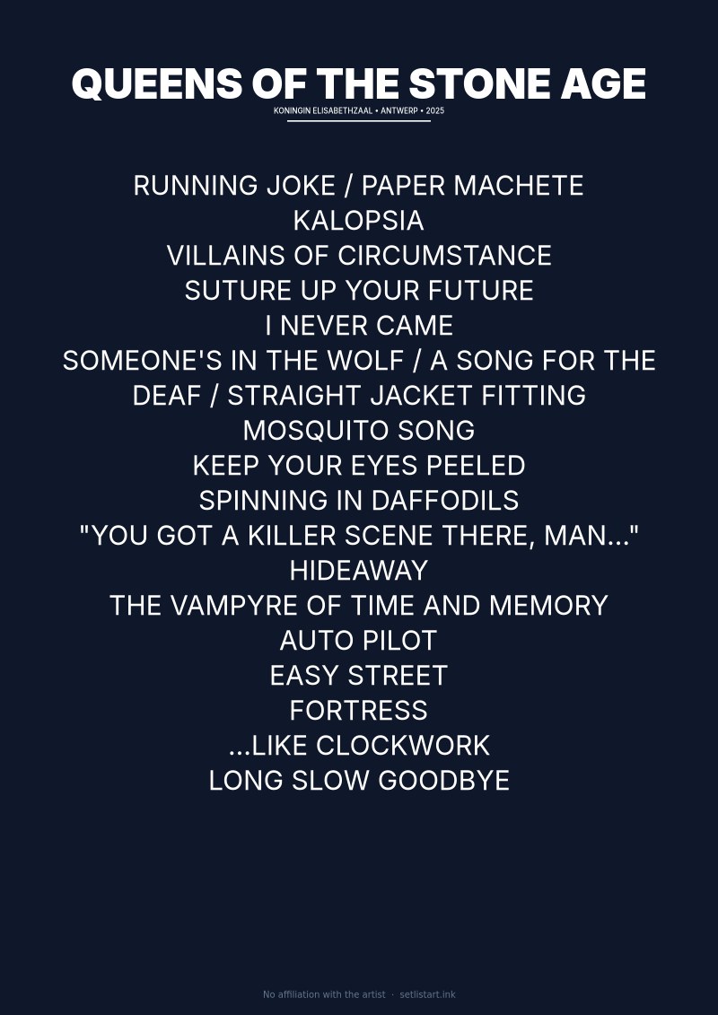 Queens of the Stone Age Antwerp 2025 setlist poster preview
