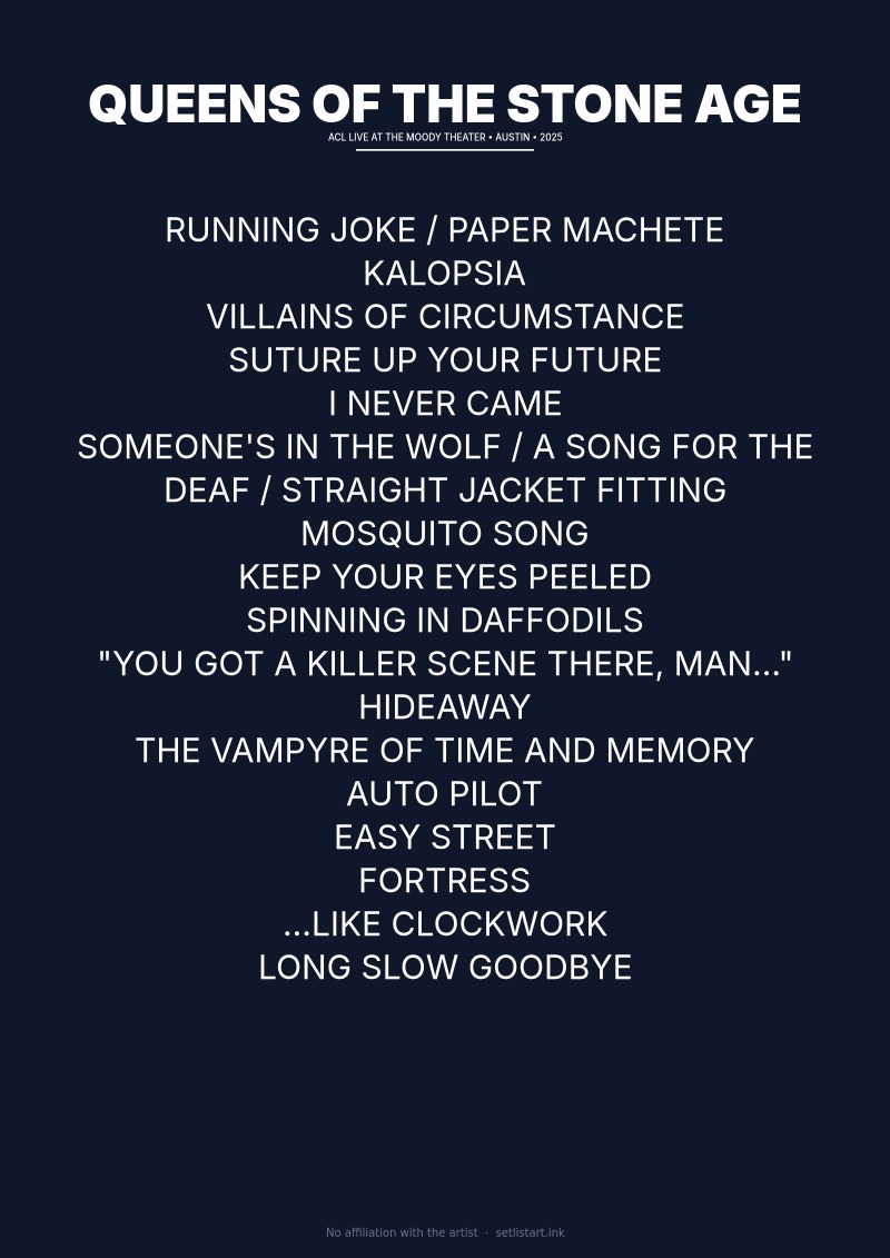 Queens of the Stone Age Austin 2025 setlist poster preview