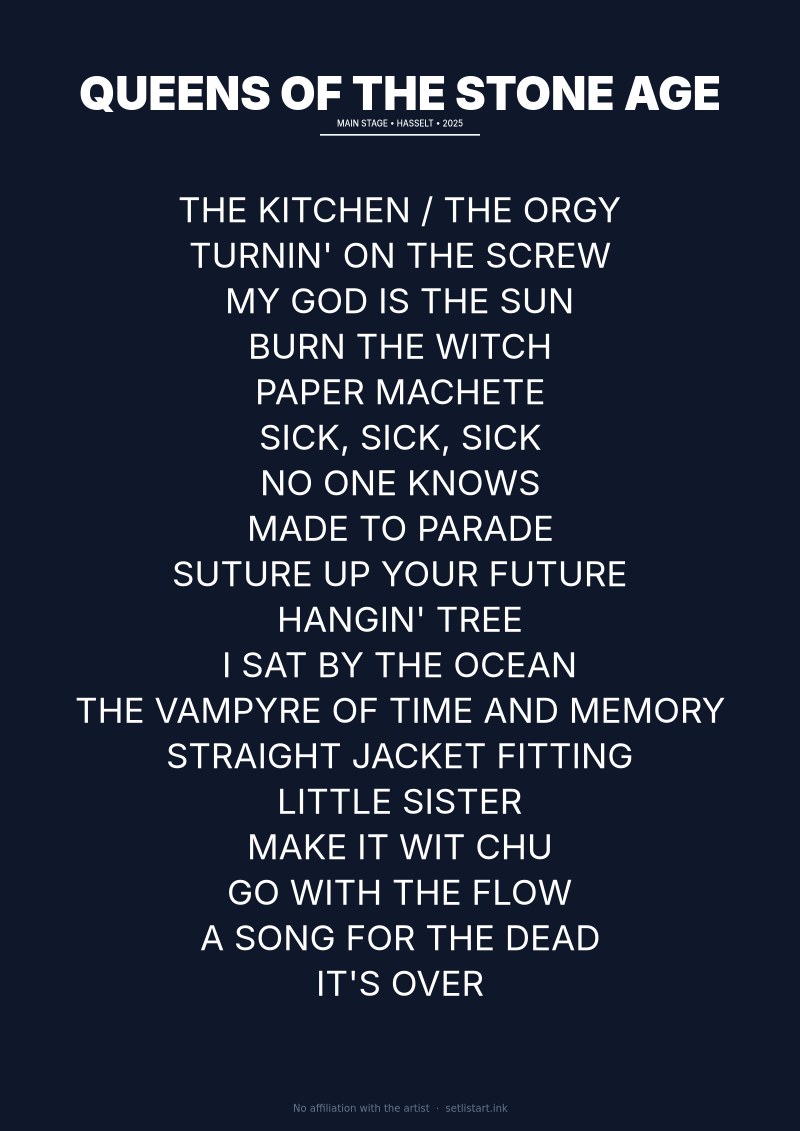 Queens of the Stone Age Hasselt 2025 setlist poster preview