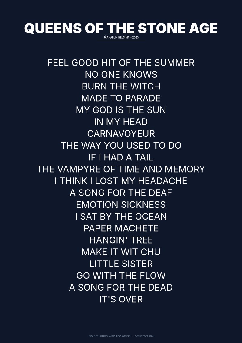Queens of the Stone Age Helsinki 2025 setlist poster preview