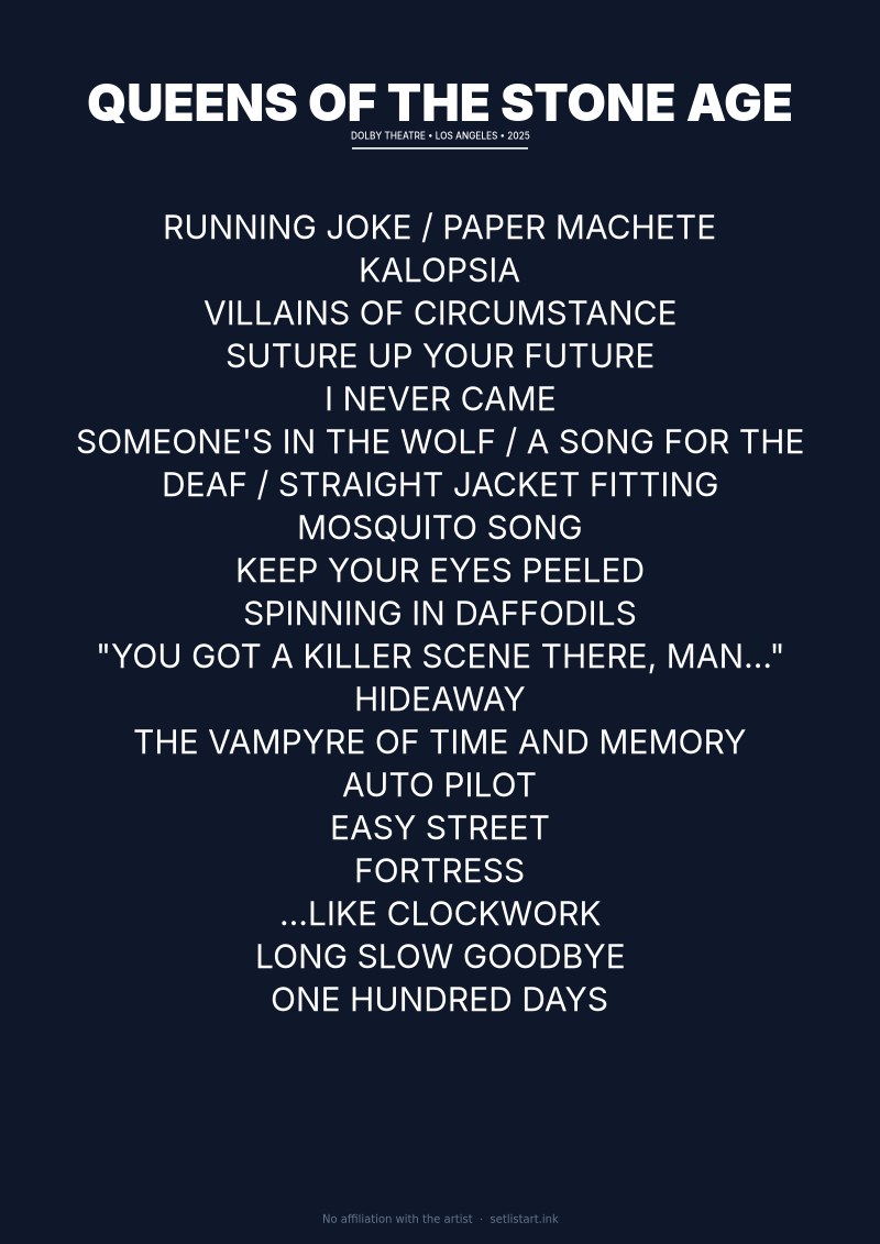 Queens of the Stone Age Los Angeles 2025 setlist poster preview