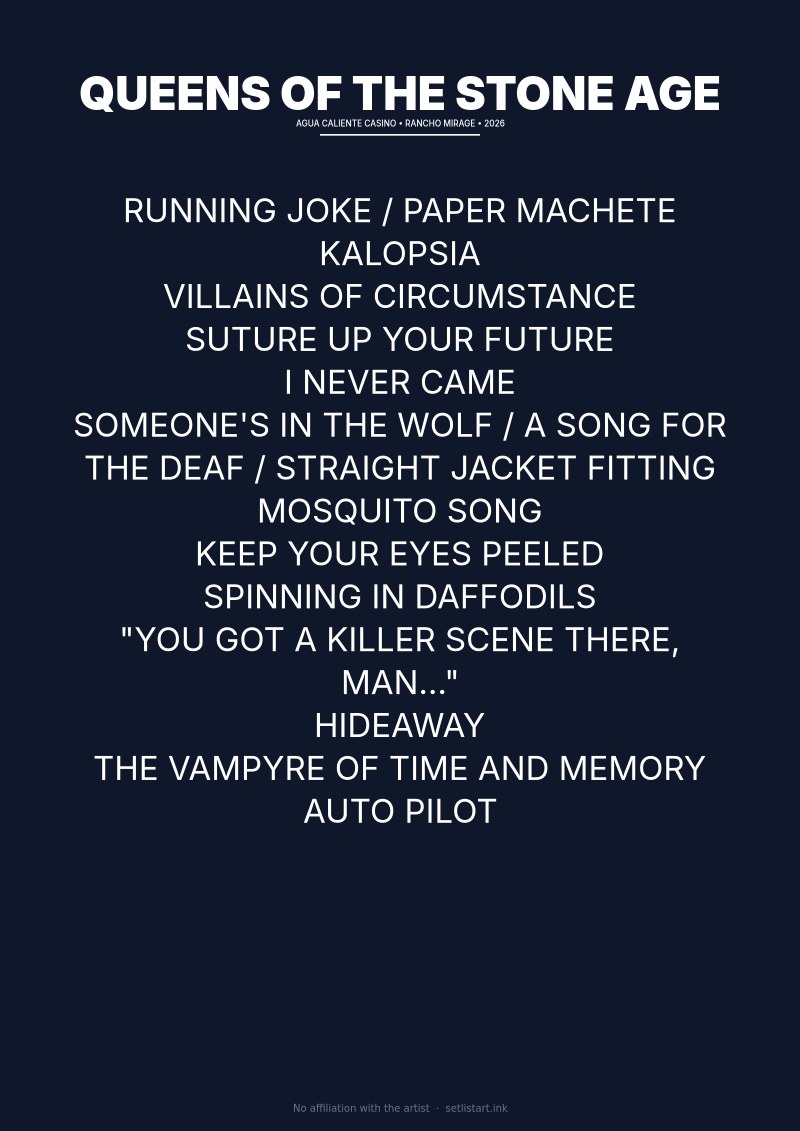 Queens of the Stone Age Rancho Mirage 2026 setlist poster preview