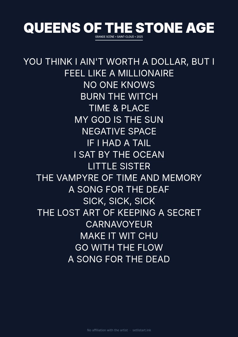 Queens of the Stone Age Saint-Cloud 2025 setlist poster preview