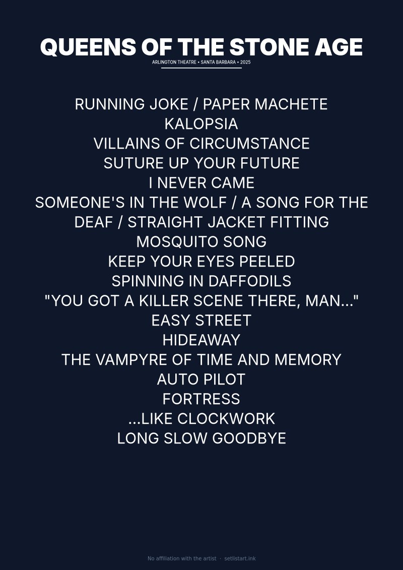 Queens of the Stone Age Santa Barbara 2025 setlist poster preview