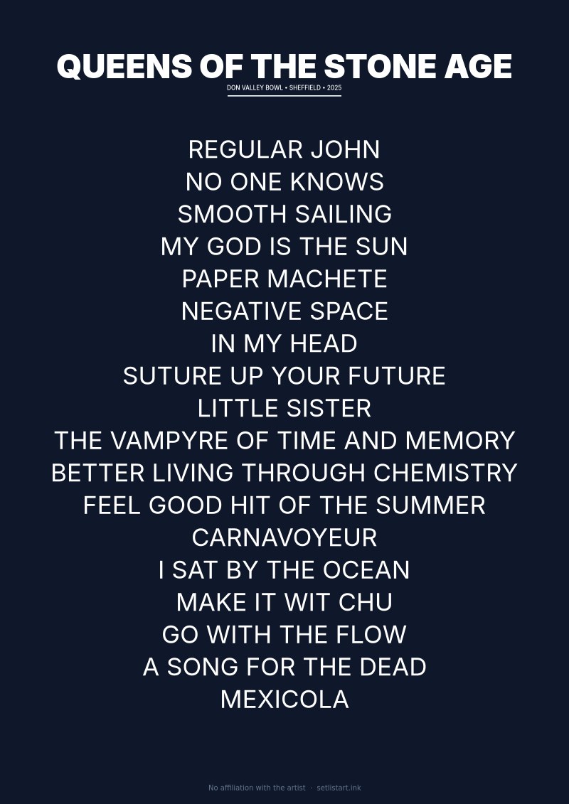 Queens of the Stone Age Sheffield 2025 setlist poster preview