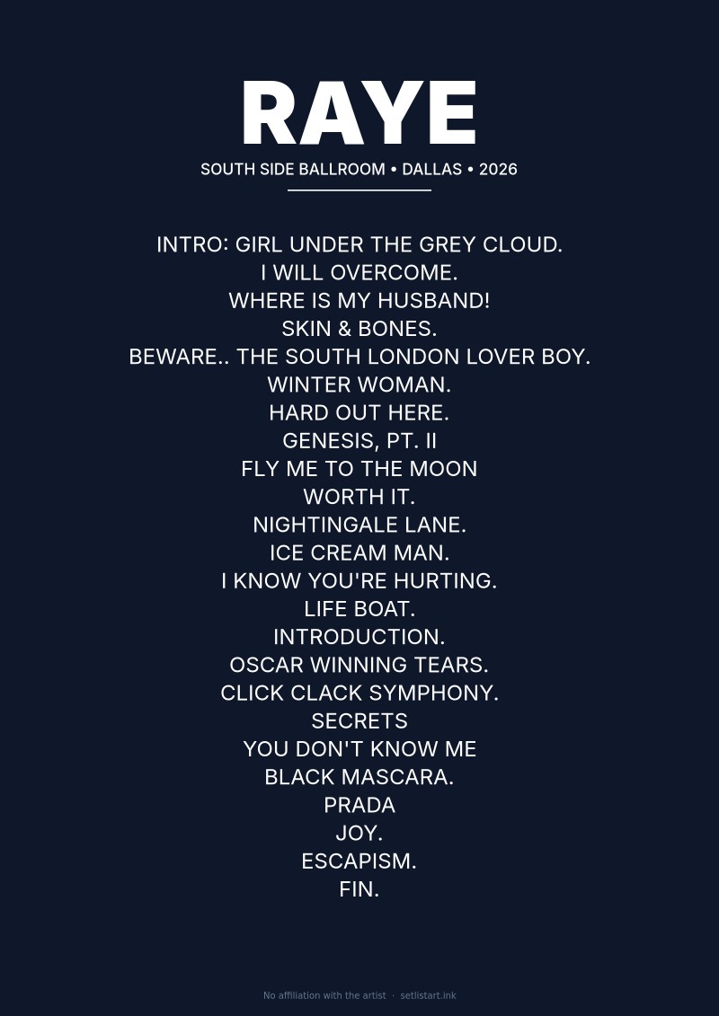 RAYE Dallas 2026 setlist poster preview
