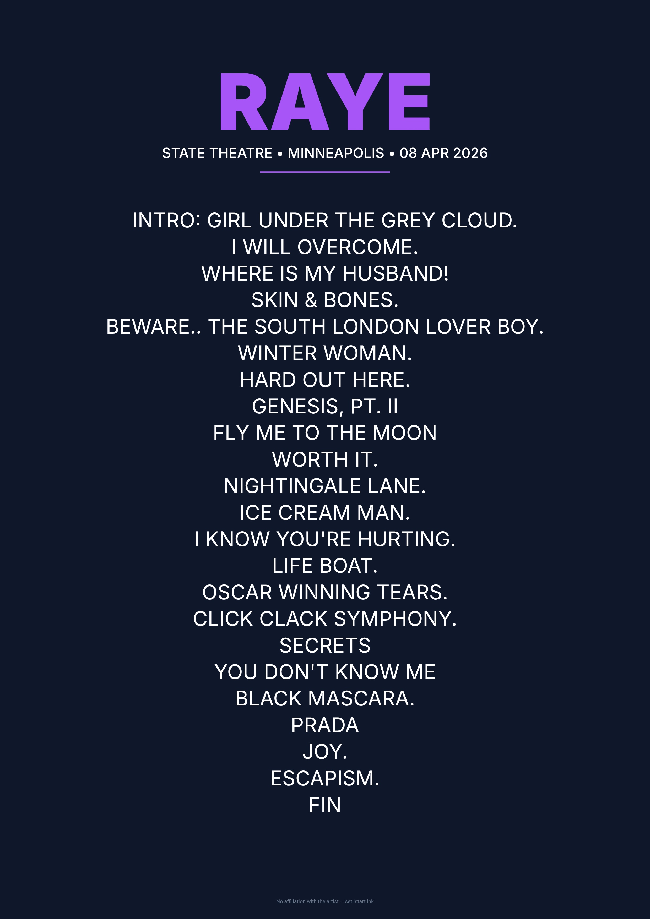 RAYE Minneapolis 2026 setlist poster preview