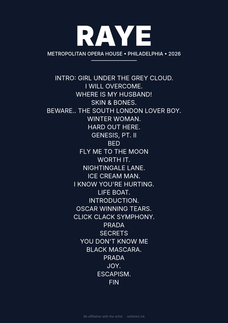 RAYE Philadelphia 2026 setlist poster preview