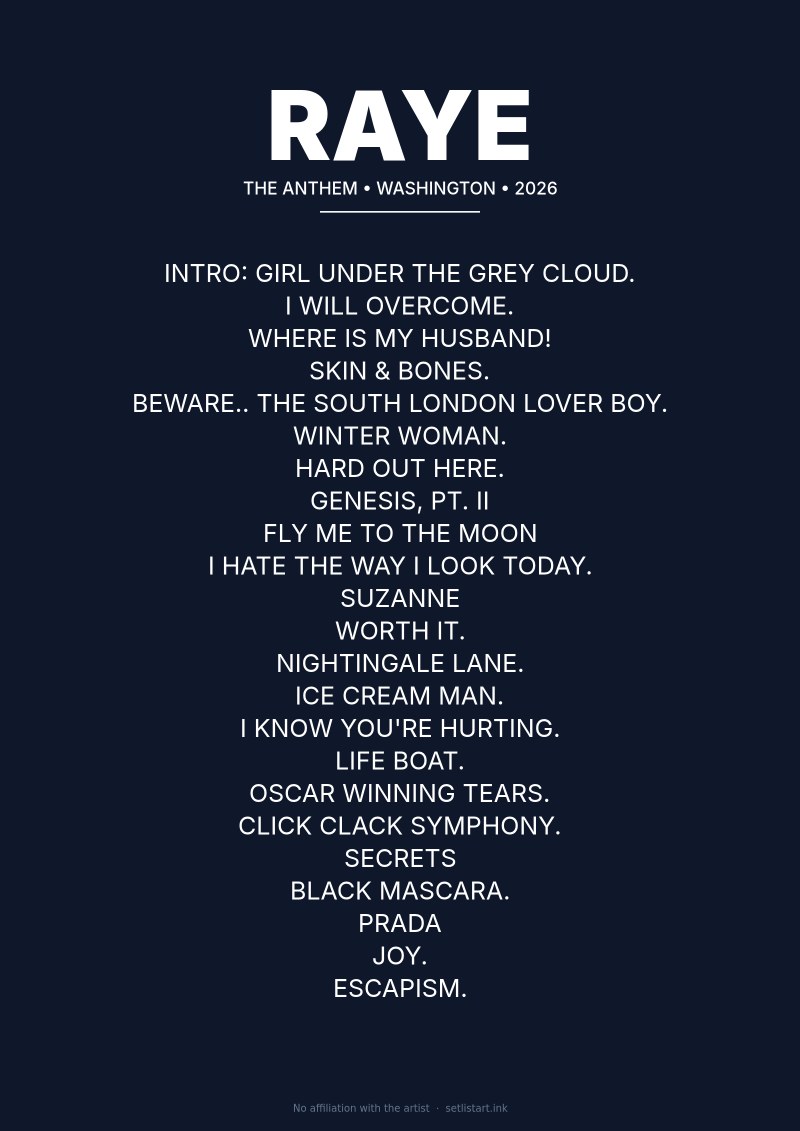 RAYE Washington 2026 setlist poster preview