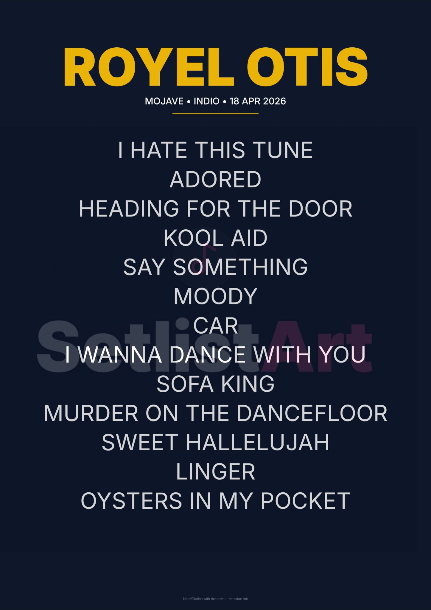 Royel Otis Coachella 2026 Weekend 2 setlist poster preview