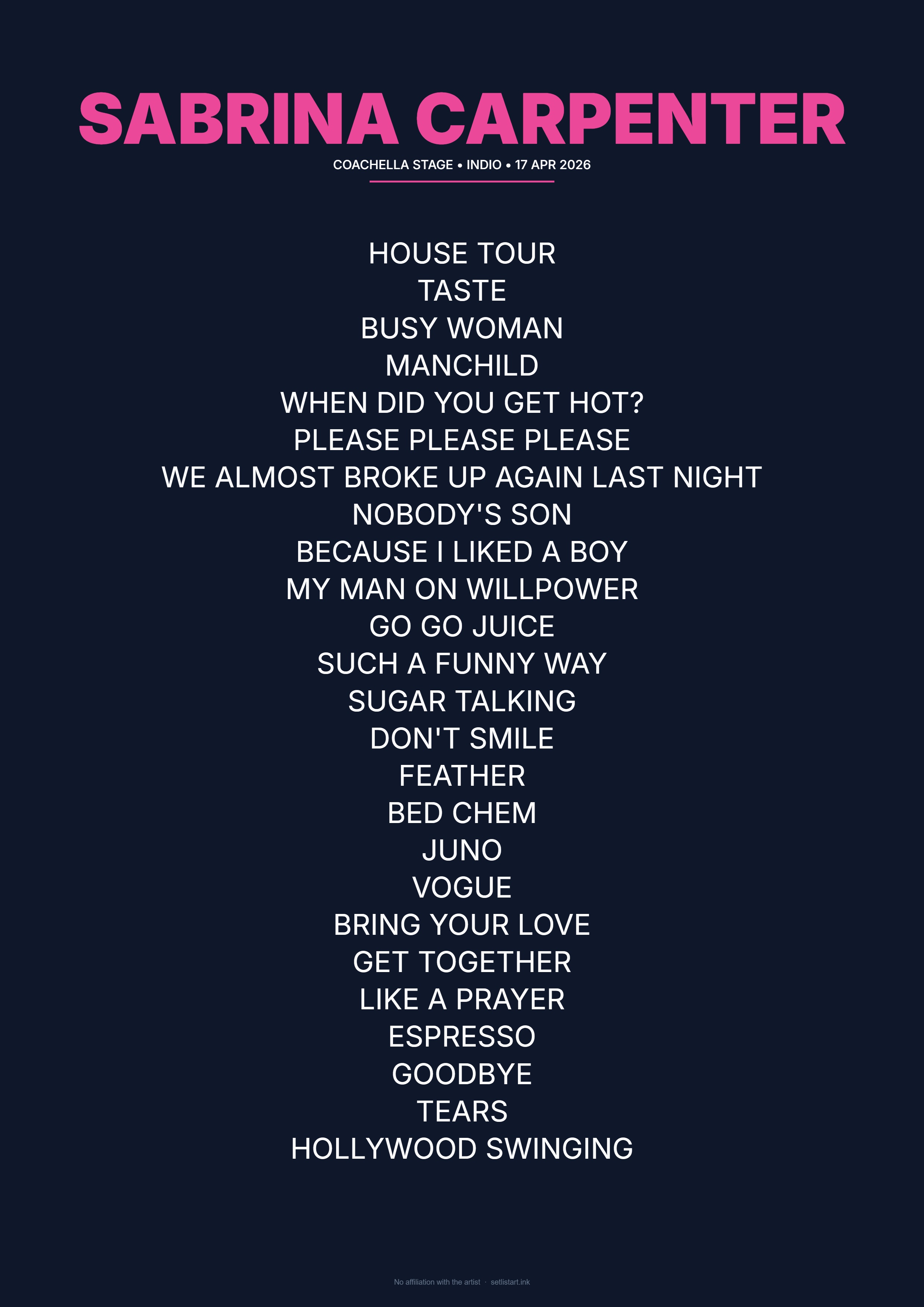 Sabrina Carpenter Coachella 2026 Weekend 2 setlist poster preview