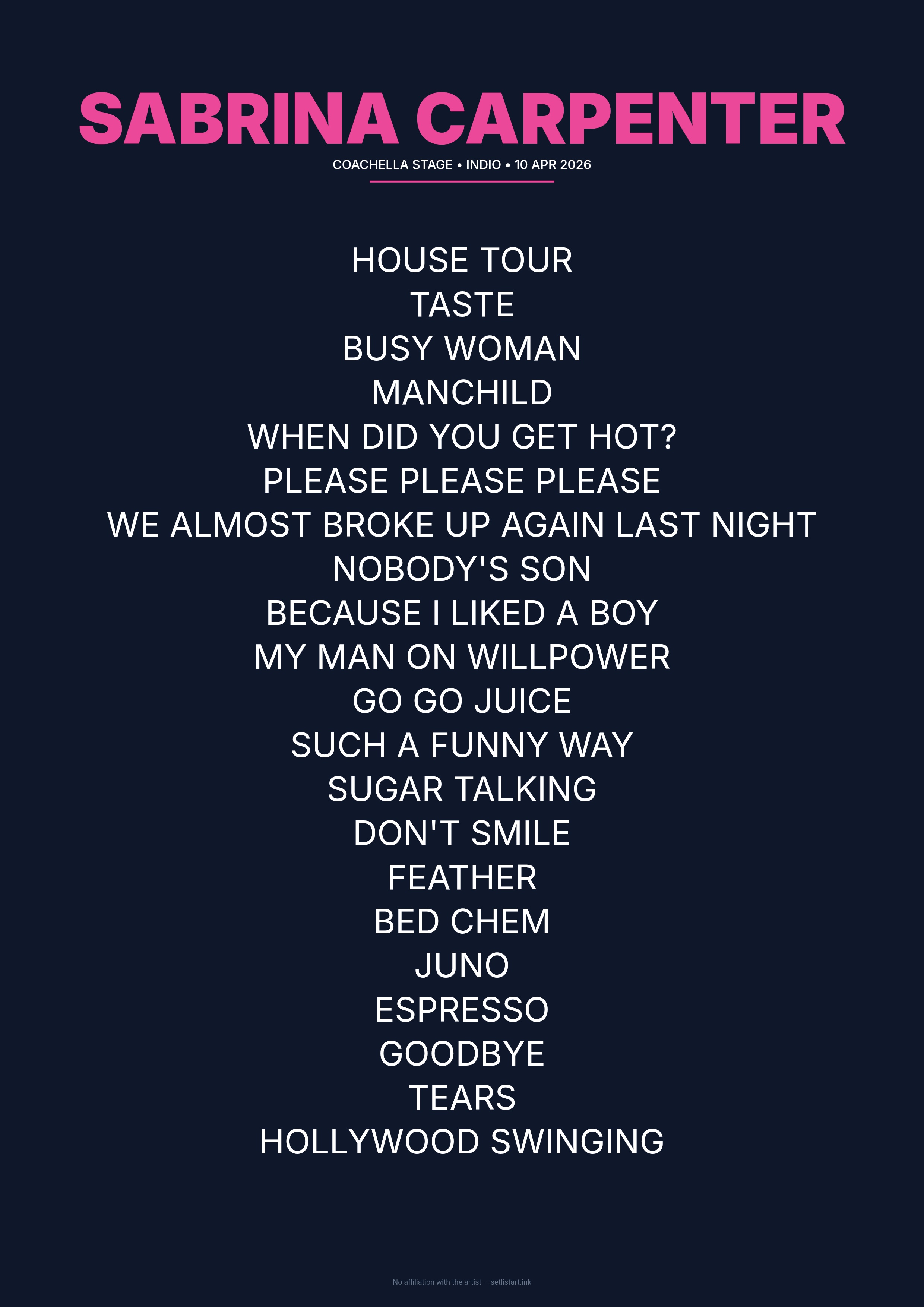 Sabrina Carpenter Coachella 2026 setlist poster preview