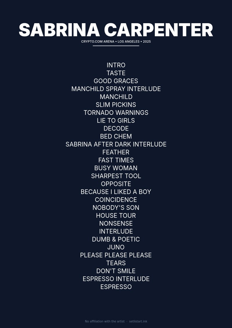 Sabrina Carpenter Los Angeles 2025 setlist poster preview