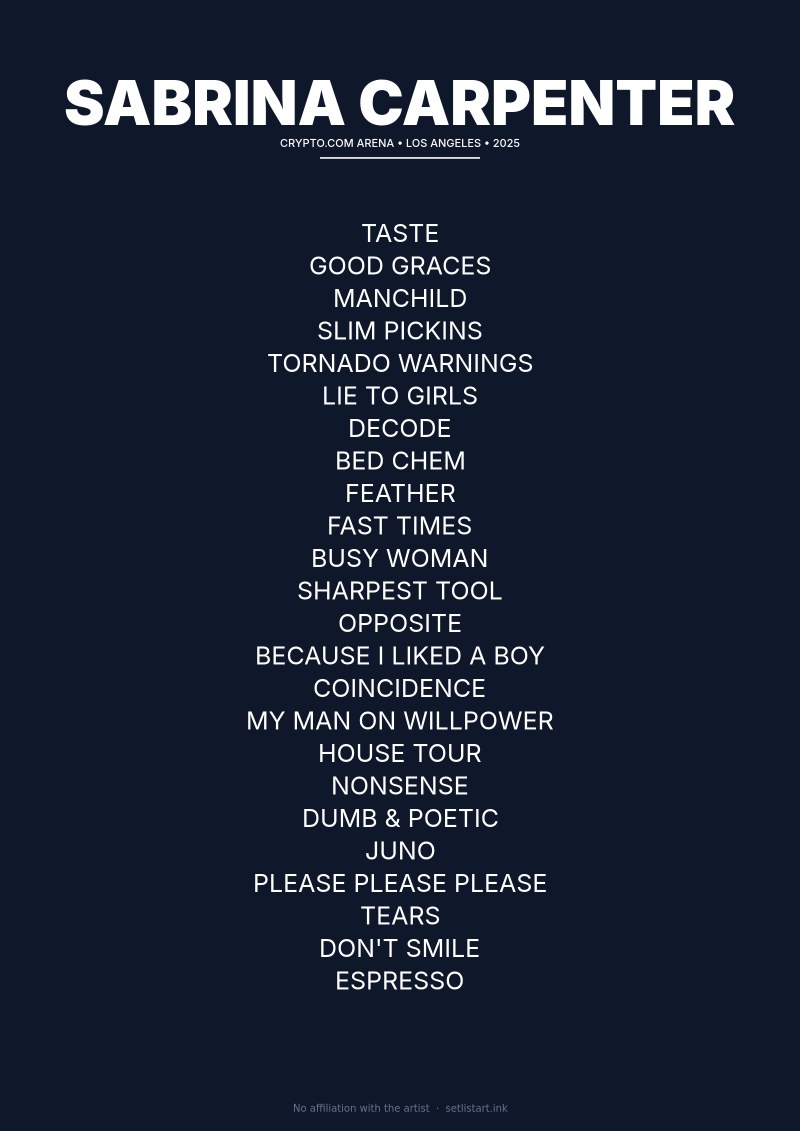 Sabrina Carpenter Los Angeles 2025 setlist poster preview
