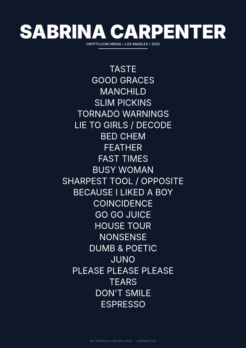 Sabrina Carpenter Los Angeles 2025 setlist poster preview
