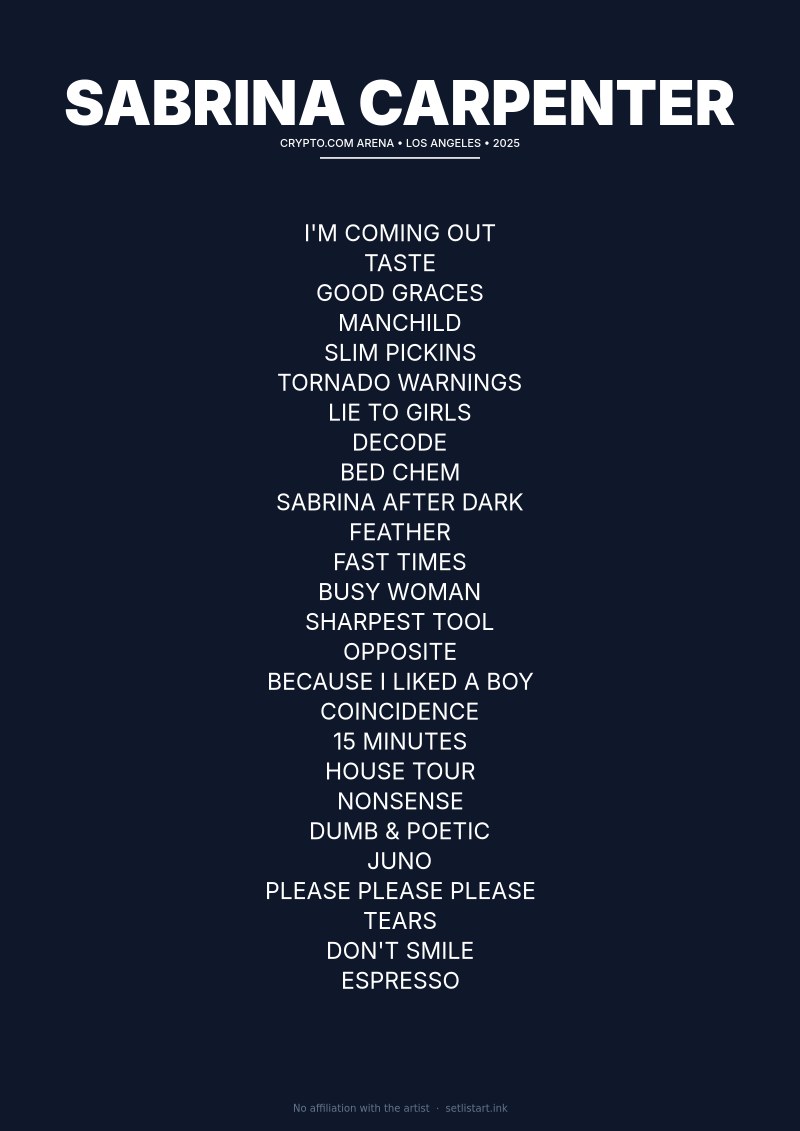 Sabrina Carpenter Los Angeles 2025 setlist poster preview