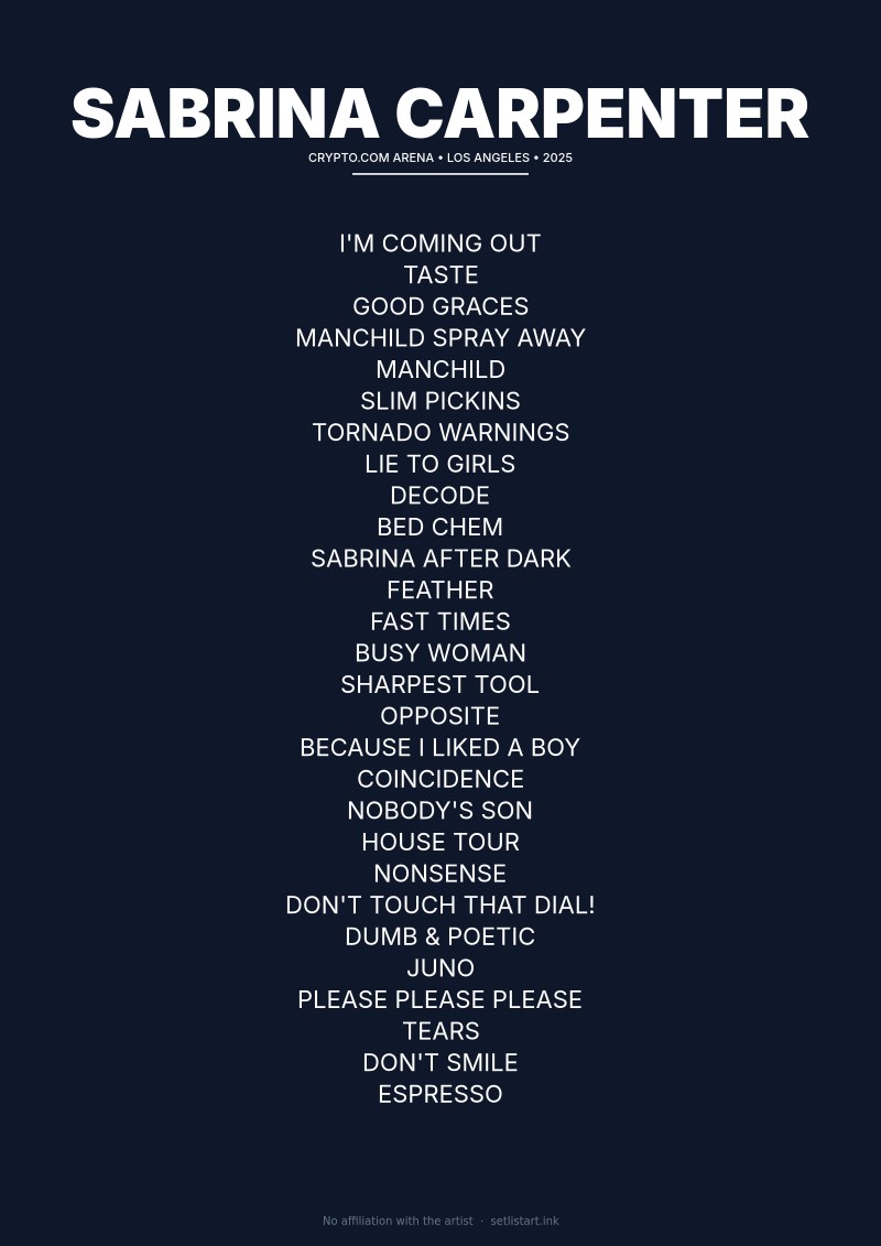 Sabrina Carpenter Los Angeles 2025 setlist poster preview
